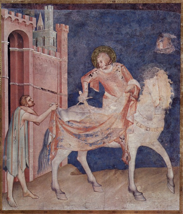Der heilige Martin von Tours teilt seinen Mantel für einen Bettler. Fresko von Simone Martini.