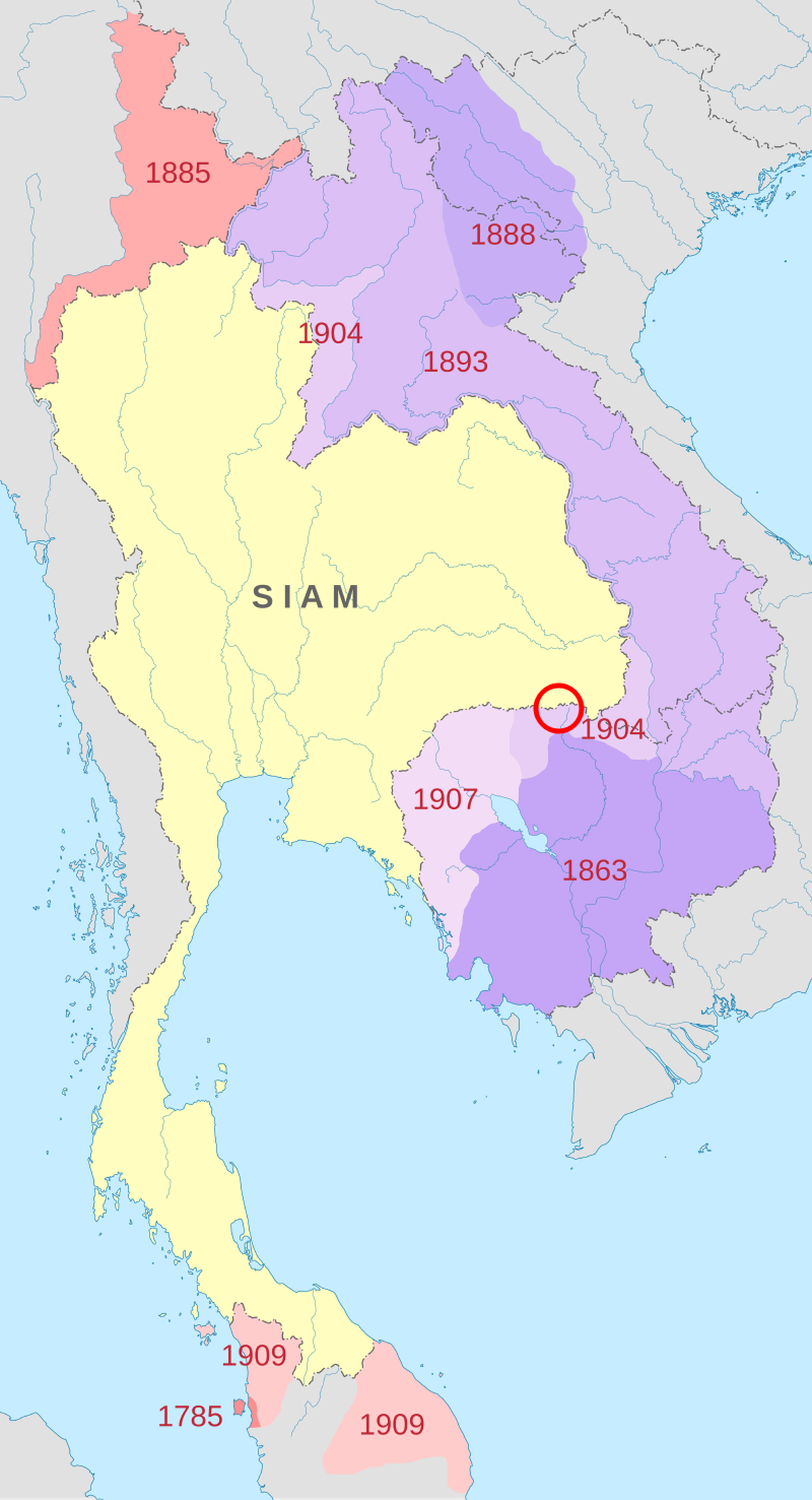 Grenz- und Einflussgebiete, die Siam an Frankreich (violette Farbtöne) und Grossbritannien (rote Farbtöne) abtreten musste.
https://commons.wikimedia.org/w/index.php?curid=86136446