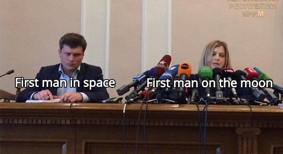 PS: Der erste Mensch im Weltraum war Juri Alexejewitsch Gagarin (nicht im Bild.)