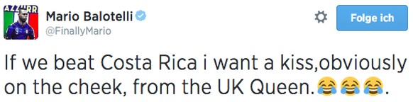 Stürmerstar Mario Balotelli möchte im Falle eines italienischen Sieges gegen Costa Rica ein Küsschen von der Queen.