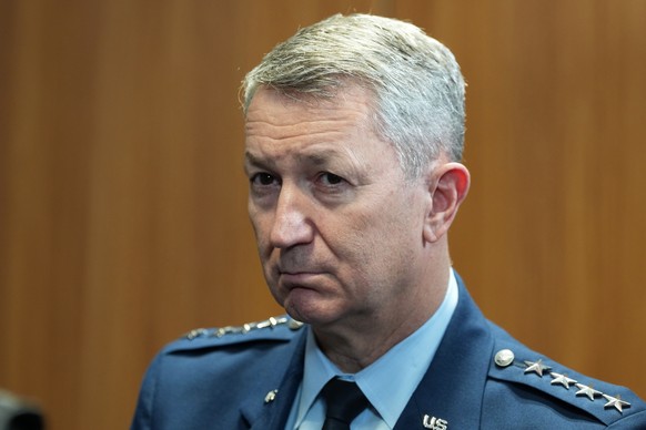 Dan Caine, the chairman of the Joint Chiefs of Staff looks on as U.S. President Donald Trump meets with Ukraine's President Volodymyr Zelenskyy on the sidelines of the NATO summit in Ankara, Turk ...