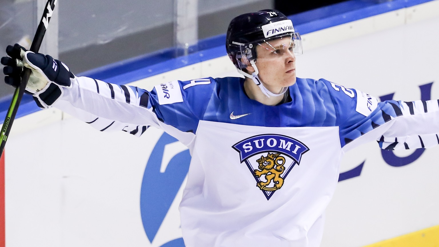 epa07563371 Kaapo Kakko of Finland celebrates his goal during the IIHF World Championship group A ice hockey match between Slovakia and Finland at the Steel Arena in Kosice, Slovakia, 11 May 2019. EPA ...