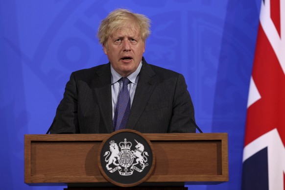 Britain&#039;s Prime Minister Boris Johnson attends a media briefing in Downing Street, London, Monday, June 14, 2021. Johnson has confirmed that the next planned relaxation of coronavirus restriction ...