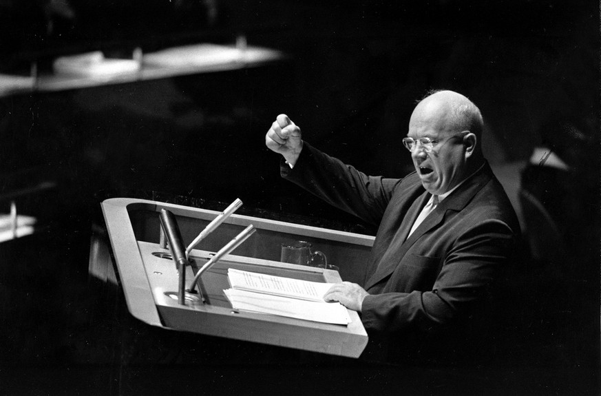 Nikita Khrushchev, Soviet premier and first secretary of the Communist Party of the Soviet Union (CPSU), gestures with his fist to emphasize a remark during his address before the United Nations Gener ...