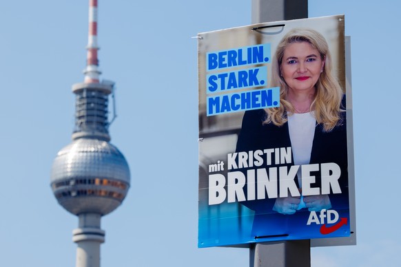 epa13148595 Campaign posters of Alternative for Germany (AfD) party, that shows Alternative for Germany party (AfD) parliamentary group chairwoman in the regional parliament of Berlin and top candidat ...