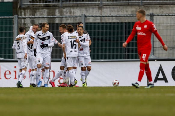 Torjubel Lugano nach 0:3 waehrend der Superleague-Partie zwischen dem FC Vaduz und dem FC Lugano am Sonntag, den 14. Maerz 2021 im Rheinpark Stadion in Vaduz. (KEYSTONE/Christian Merz)