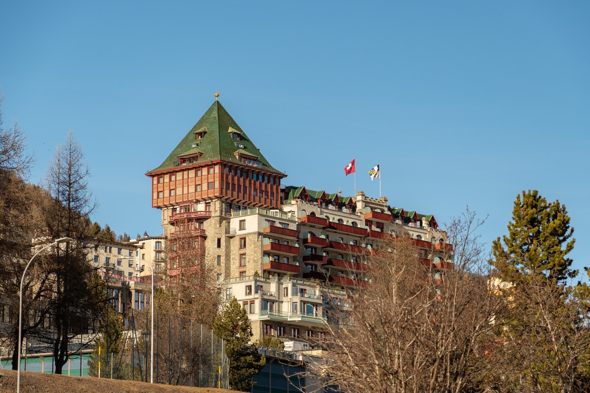 Saint Moritz, Switzerland, February 21, 2023 Building of the popular Badrutts palace hotel in the city center