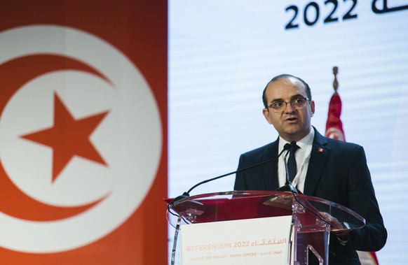 Farouk Bouasker, the President of Tunisia&#039;s Independent High Authority for Elections announces the results of the constitutional referendum in Tunis, Tunisia, Tuesday, July 26, 2022. Tunisians ha ...