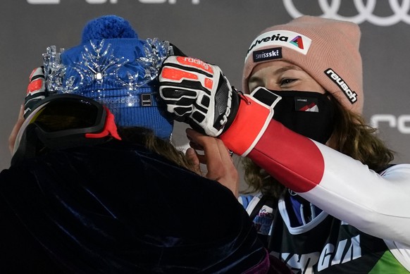 Sirst placed Slovakia&#039;s Petra Vlhova, left, and third placed Switzerland&#039;s Michelle Gisin celebrate on the podium of an alpine ski, women&#039;s World Cup Slalom, in Zagreb, Croatia, Sunday, ...