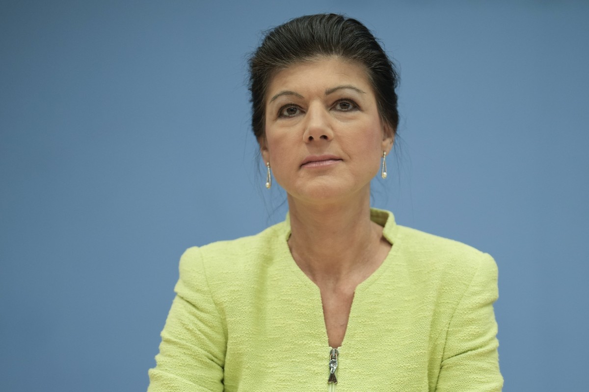 German politician Sahra Wagenknecht, best-known face of the Left Party, arrives for a news conference to announce the founding of a precursor to a new party in Berlin, Germany, Monday, Oct. 23, 2023.  ...