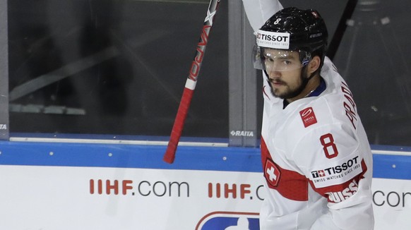 Switzerland&#039;s Vincent Praplan celebrates after scoring his sides his sides first goal during the Ice Hockey World Championships group B match between Czech Republic and Switzerland in the AccorHo ...