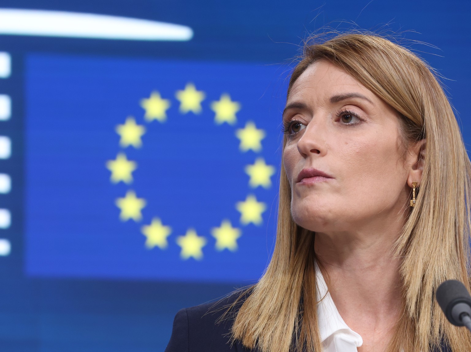 epa10940497 European Parliament President Roberta Metsola gives a press conference during the European Council meeting in Brussels, Belgium, 26 October 2023. In a two-day summit on 26-27 October, EU l ...