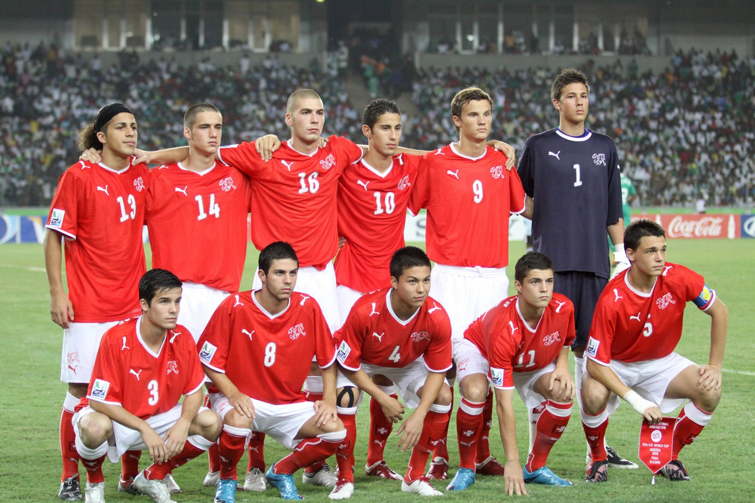 Switzerland&#039;s soccer players with back row from left to right: Ricardo Rodriguez, Bruno Martignoni, Pajtim Kasami, Nassim Ben Khalifa, Haris Seferovic, and Goalkeeper Benjamin Siegrist; front row ...