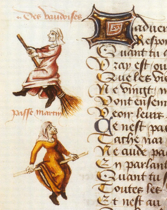 Hexenflug der „Vaudoises“ (hier Hexen, ursprünglich Waldenser) auf dem Besen, Miniatur in einer Handschrift von Martin Le Franc, Le champion des dames, 1451