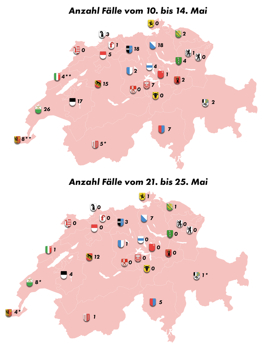 Links: Anzahl Fälle vom 10. bis 14. Mai. Rechts: Anzahl Fälle vom 21. bis 25. Mai.