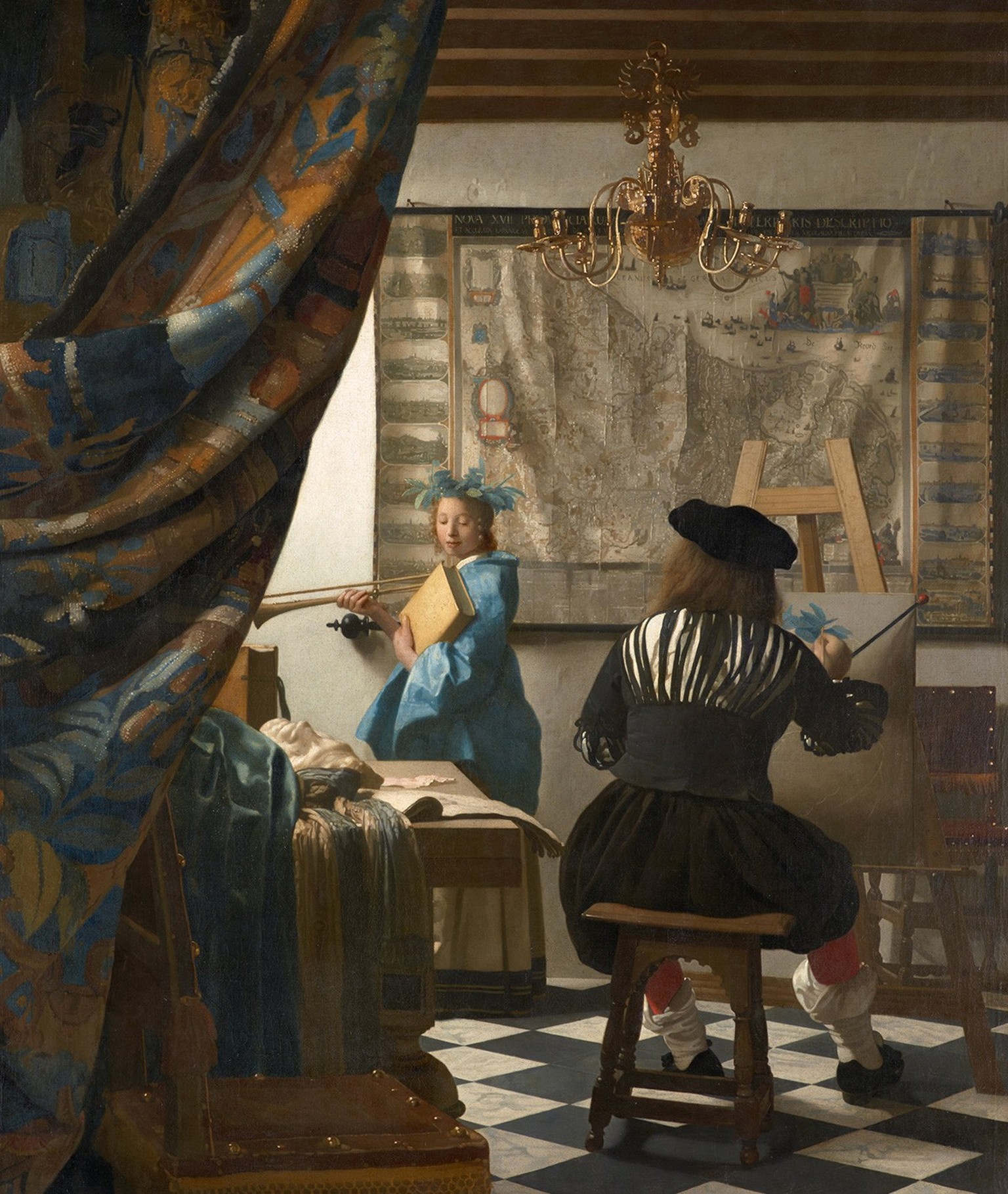 Jan Vermeer (1632–1675), Die Malkunst, um 1670, 120 x 100 cm. Weder Auftraggeber noch Entstehungsjahr sind bekannt, und der Titel Die Malkunst stammt nicht von Vermeer, sondern von seiner Witwe. Viele ...