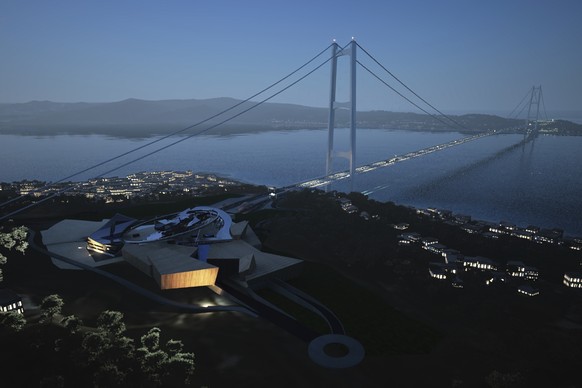 This digital rendering shows a bridge linking the Italian mainland with Sicily, a long-delayed 13.5 billion euro ($15.5 billion) project, that an interministerial committee with oversight of strategic ...
