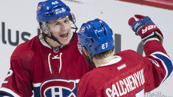 Montreal Canadiens&#039; Alex Galchenyuk (27) celebrates with teammate Sven Andrighetto (42) after scoring against the Buffalo Sabres during the second period of an NHL hockey game Thursday, March 10, ...