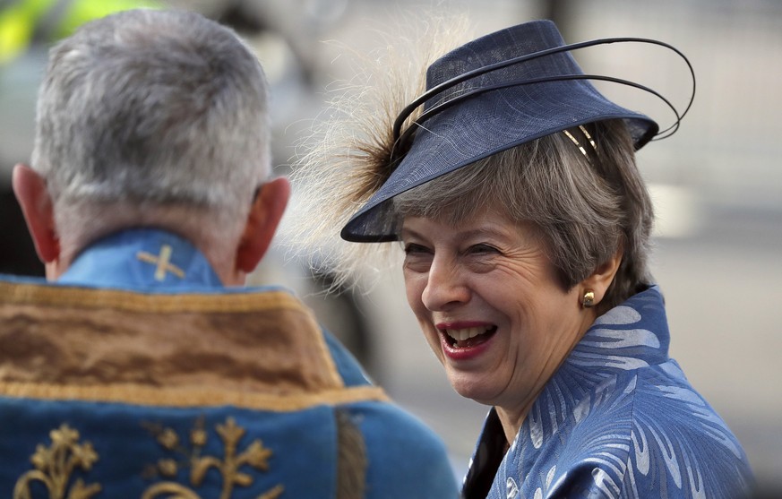 Britain's Prime Minister Theresa May leaves after attending the Commonwealth Service at Westminster Abbey on Commonwealth Day in London, Monday, March 11, 2019. Commonwealth Day has a special signific ...