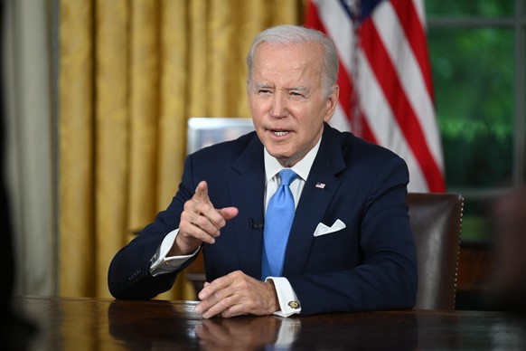 epa10669779 US President Joe Biden addresses the nation on averting default and the Bipartisan Budget Agreement, in the Oval Office of the White House in Washington, DC, USA, 02 June 2023. The Fiscal  ...