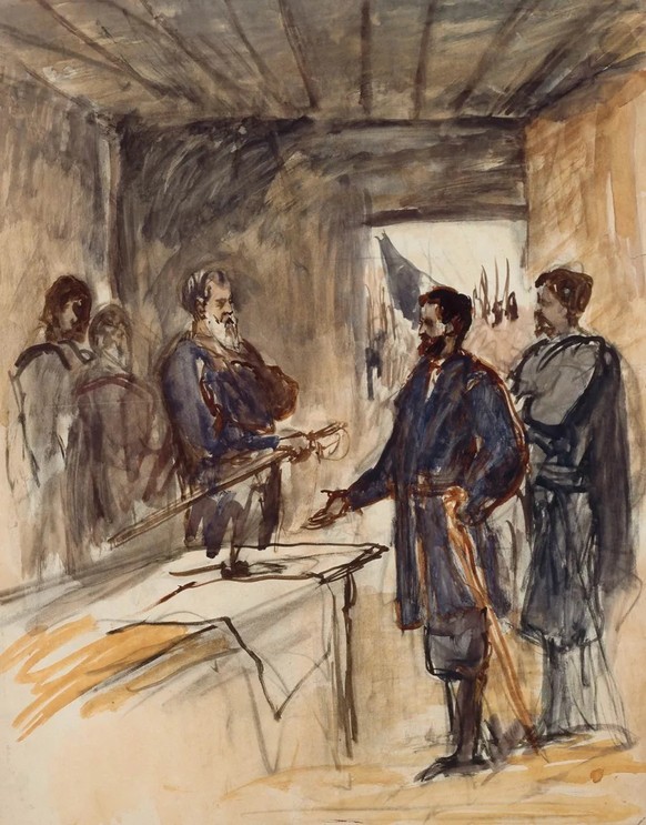 Buchsers Entwurf eines Wandbildes für das «Bundes-Ratshaus» in Bern, 1869. Der Maler wollte die Kapitulation von General Robert E. Lee, welche 1865 in Virginia stattgefunden hatte, festhalten.
https:/ ...