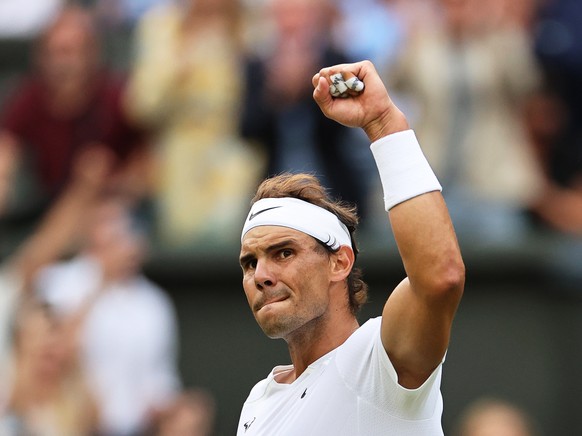 epa10055701 Rafael Nadal of Spain reacts after winning his men&#039;s quarter final match against Taylor Fritz of the USA at the Wimbledon Championships in Wimbledon, Britain, 06 July 2022. EPA/KIERAN ...