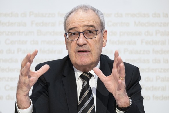 Bundespraesident Guy Parmelin spricht an einer Medienkoferenz zur Agrarpolitik 2030+ (AP30+), am Mittwoch, 18. Februar 2026, in Bern. (KEYSTONE/Peter Schneider)