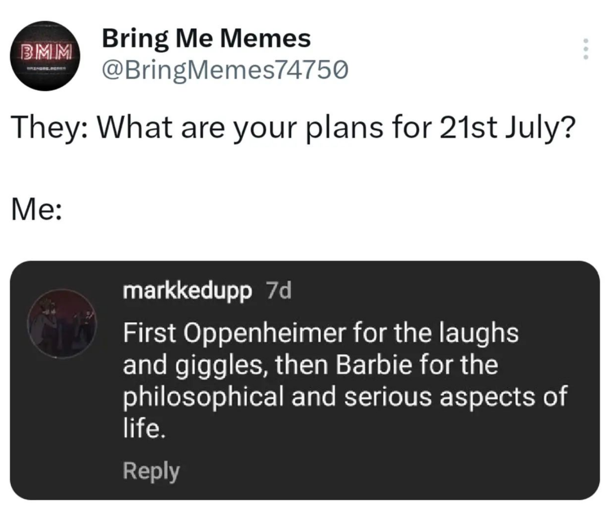 barbie oppenheimer barbenheimer meme

https://www.instagram.com/p/CtZKjlHNH7e/