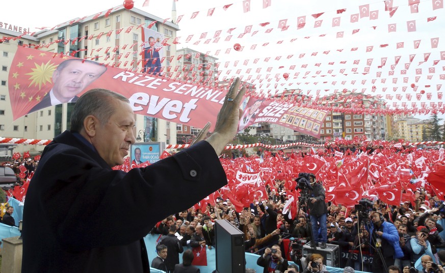 Turkey&#039;s President Recep Tayyip Erdogan addresses his supporters during a rally in his hometown, Rize, Monday, April 3, 2017. Turkey is heading to a contentious April 16 referendum on constitutio ...