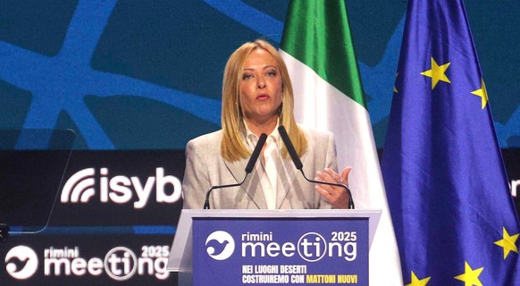 Italy&#039;s Prime Minister Giorgia Meloni speaks at the Rimini Meeting in Rimini, Italy, Wednesday, Aug. 27, 2025. (Davide Gennari/LaPresse via AP)
Italy-Israel