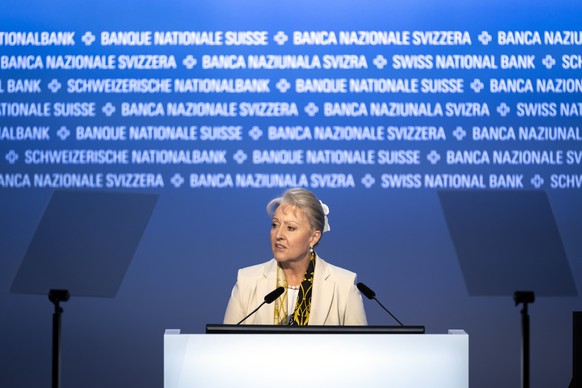 Swiss National Bank&#039;s (SNB) President of the Bank Council Barbara Janom Steiner, speaks during the 116. Ordinary General Assembly of Swiss National Bank (SNB), at Bern, Switzerland, Friday, April ...