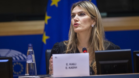 In this photo provided by the European Parliament, Greek politician and European Parliament Vice-President Eva Kaili speaks during the European Book Prize award ceremony in Brussels, Dec. 7, 2022. The ...