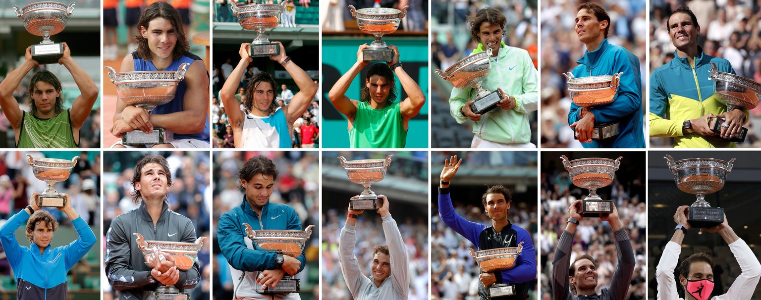 epa11652000 (FILE) - A composite image shows Spanish tennis player Rafael Nadal as he celebrates his victories at the French Open tennis tournament through the years, in Paris, France. Rafael Nadal on ...
