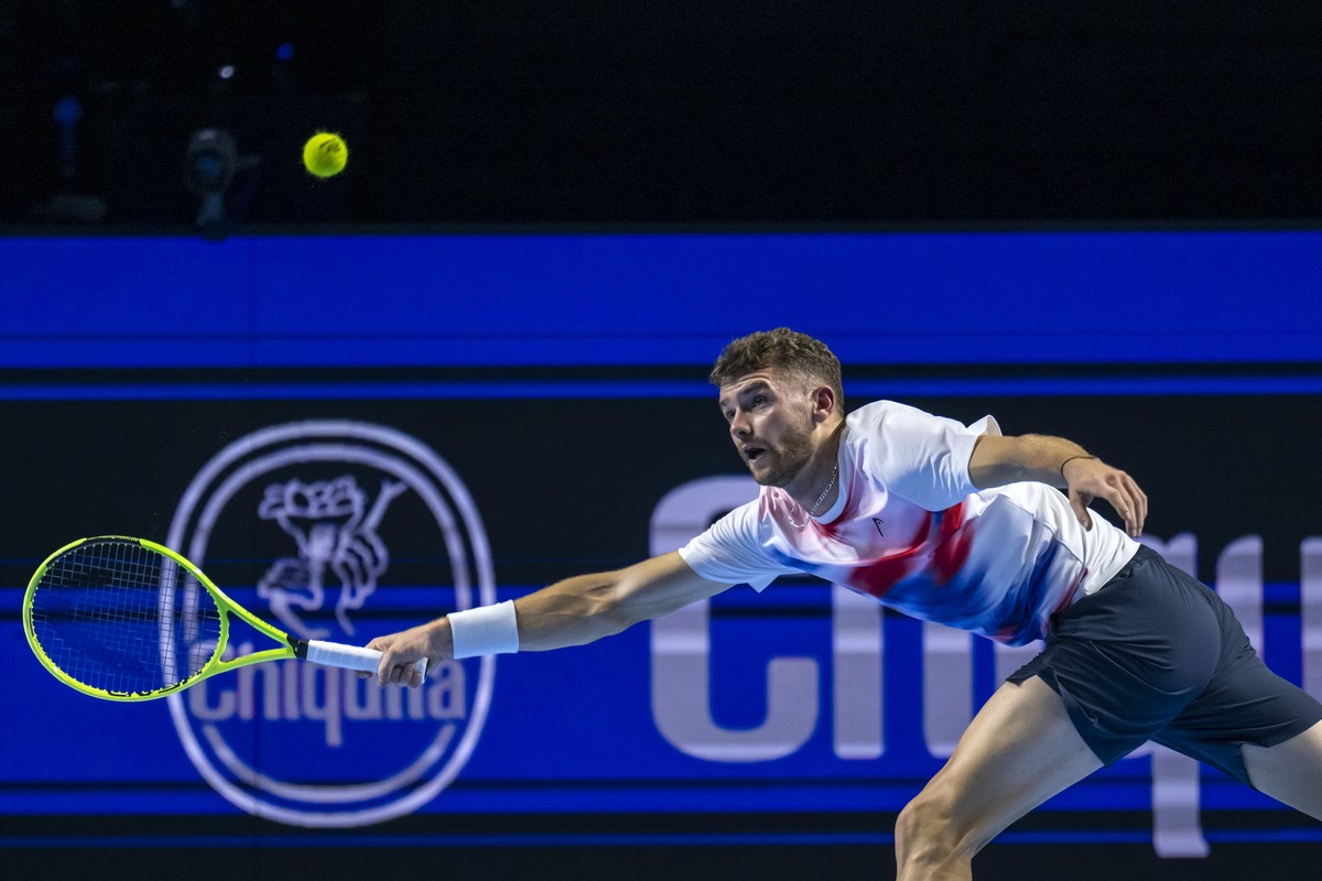 Switzerland's Jerome Kym during his quarter-final match against Czech Republic's Jiri Lehecka at the Swiss Indoors tennis tournament at the St. Jakobshalle in Basel, Switzerland, on Friday,  ...