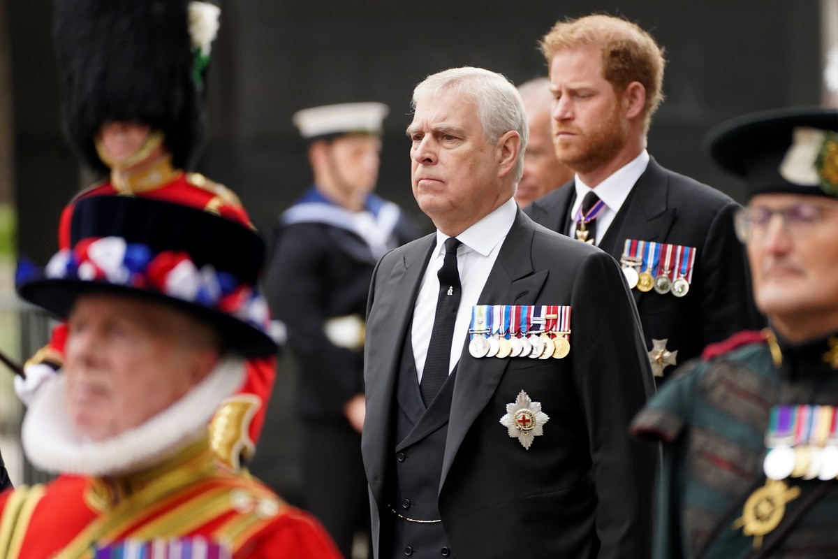 Prince Andrew, center, and Prince Harry, second right, arrive at Westminster Abbey on the day of Queen Elizabeth II funeral in central London, Monday, Sept. 19, 2022. The Queen, who died aged 96 on Se ...