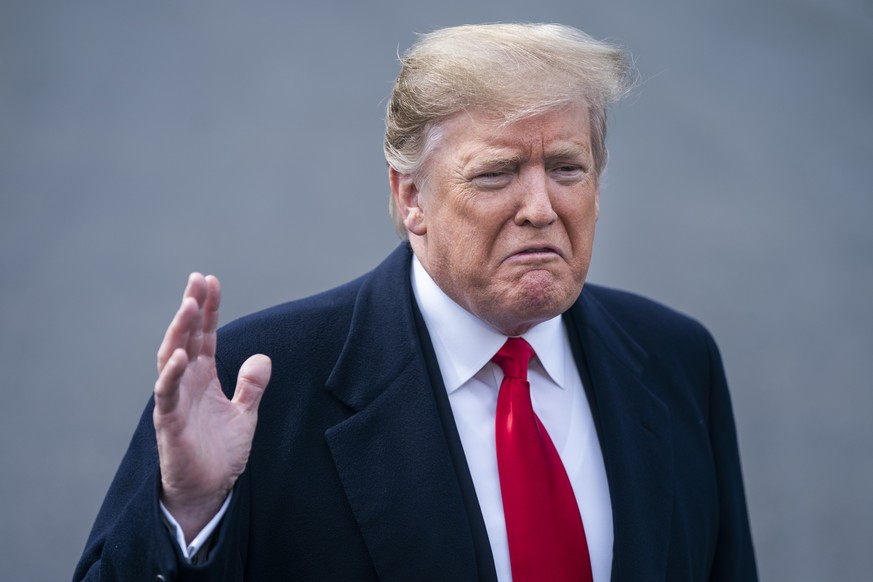 epa07451293 US President Donald J. Trump speaks to the media as he departs the White House for two events in Ohio in Washington, DC, USA, 20 March 2019. Trump spoke about the Mueller Report, ISIS, and ...