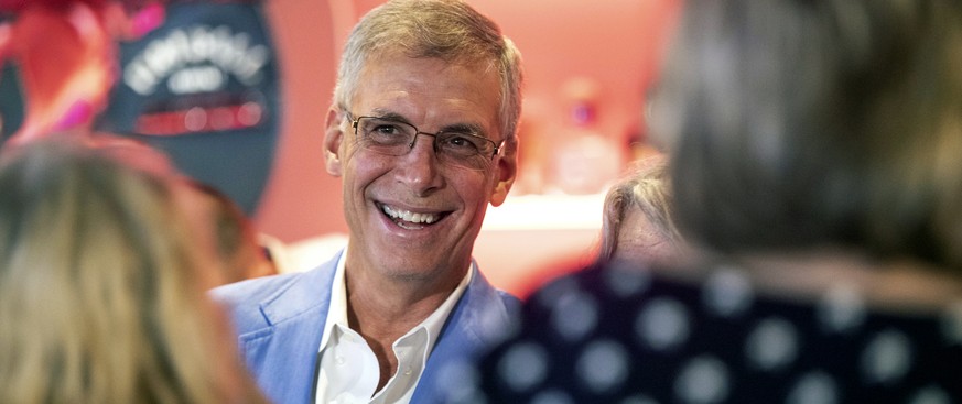 South Carolina Rep. Tom Rice greets supporters at Brother&#039;s Grill in Myrtle Beach, S.C., as he waits for primary election results to come in, Tuesday, June 14, 2022. (Jason Lee/The Sun News via A ...