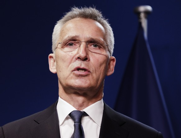 epa09913791 NATO Secretary General Jens Stoltenberg attends a joint press briefing with European Parliament President Roberta Metsola (not pictured) following their meeting at the European Parliament  ...