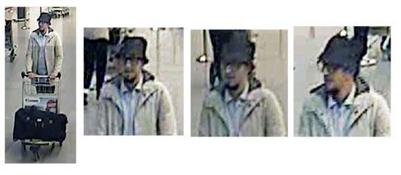 epa05226546 A handout image provided by Belgian Federal Police shows a CCTV grab of one of the three suspects in the Zaventem airport attack in Brussels, Belgium, 22 March 2016. A surveillance camera  ...