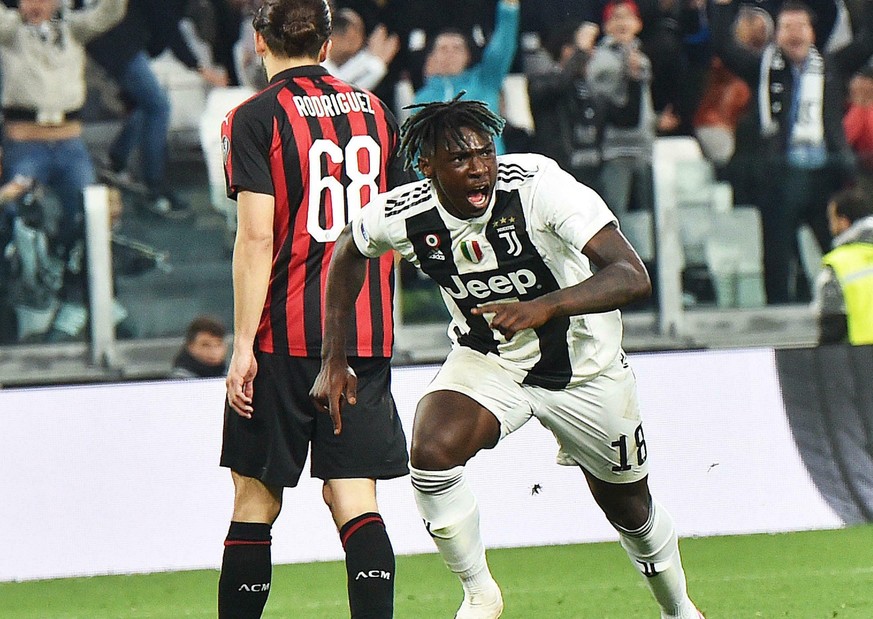 Juventus&#039; Moise Kean celebrates after scoring his team&#039;s second goal during the Italian Serie A soccer match between Juventus and AC Milan at the Allianz Stadium in Turin, Italy, Saturday, A ...