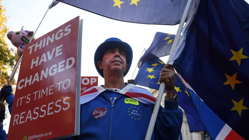 epa07164931 A pro EU demonstrator protests outside Downing Street in London, Britain, 14 November 2018. British Prime Minister Theresa May is holding an emergency Brexit cabinet meeting to try to sell ...