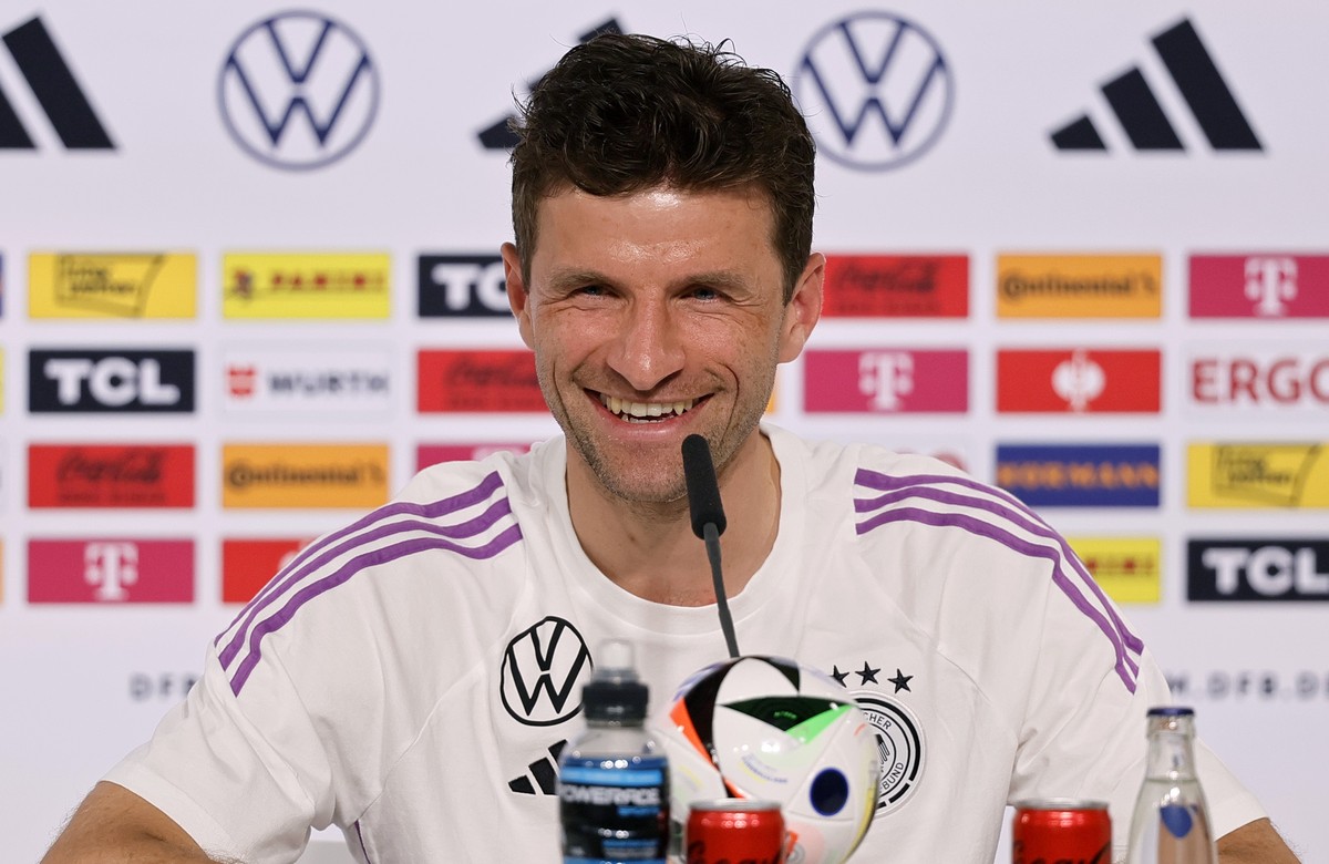 epa11375246 German national team player Thomas Mueller attends a press conference at the German national team's training camp in Blankenhain, Germany, 28 May 2024. The UEFA EURO 2024 will be held ...