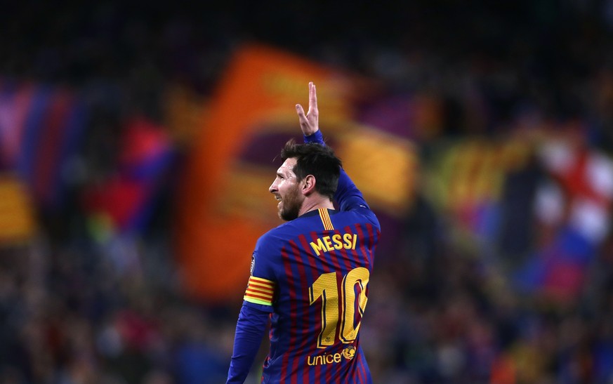 FILE - In this April 16, 2019 file photo Barcelona forward Lionel Messi celebrates after scoring his side&#039;s second goal during the Champions League quarterfinal, second leg, soccer match between  ...