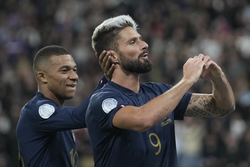 France&#039;s Olivier Giroud, right, and France&#039;s Kylian Mbappe celebrate after Giroud scored his side&#039;s second goal during the UEFA Nations League soccer match between France and Austria at ...