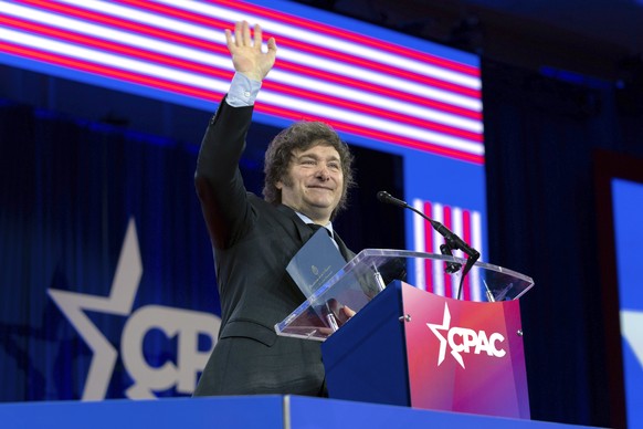 Argentina&#039;s President Javier Milei speaks during the Conservative Political Action Conference, CPAC 2024, at the National Harbor, in Oxon Hill, Md., Saturday, Feb. 24, 2024. (AP Photo/Jose Luis M ...