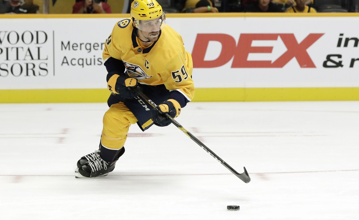 FILE - In this Sept. 21, 2018, file photo, Nashville Predators defenseman Roman Josi plays against the Tampa Bay Lightning during an NHL preseason hockey game Friday, Sept. 21, 2018, in Nashville, Ten ...