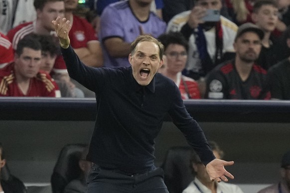 Bayern&#039;s head coach Thomas Tuchel shouts out as gives instructions from the side line during the Champions League semifinal first leg soccer match between Bayern Munich and Real Madrid at the All ...