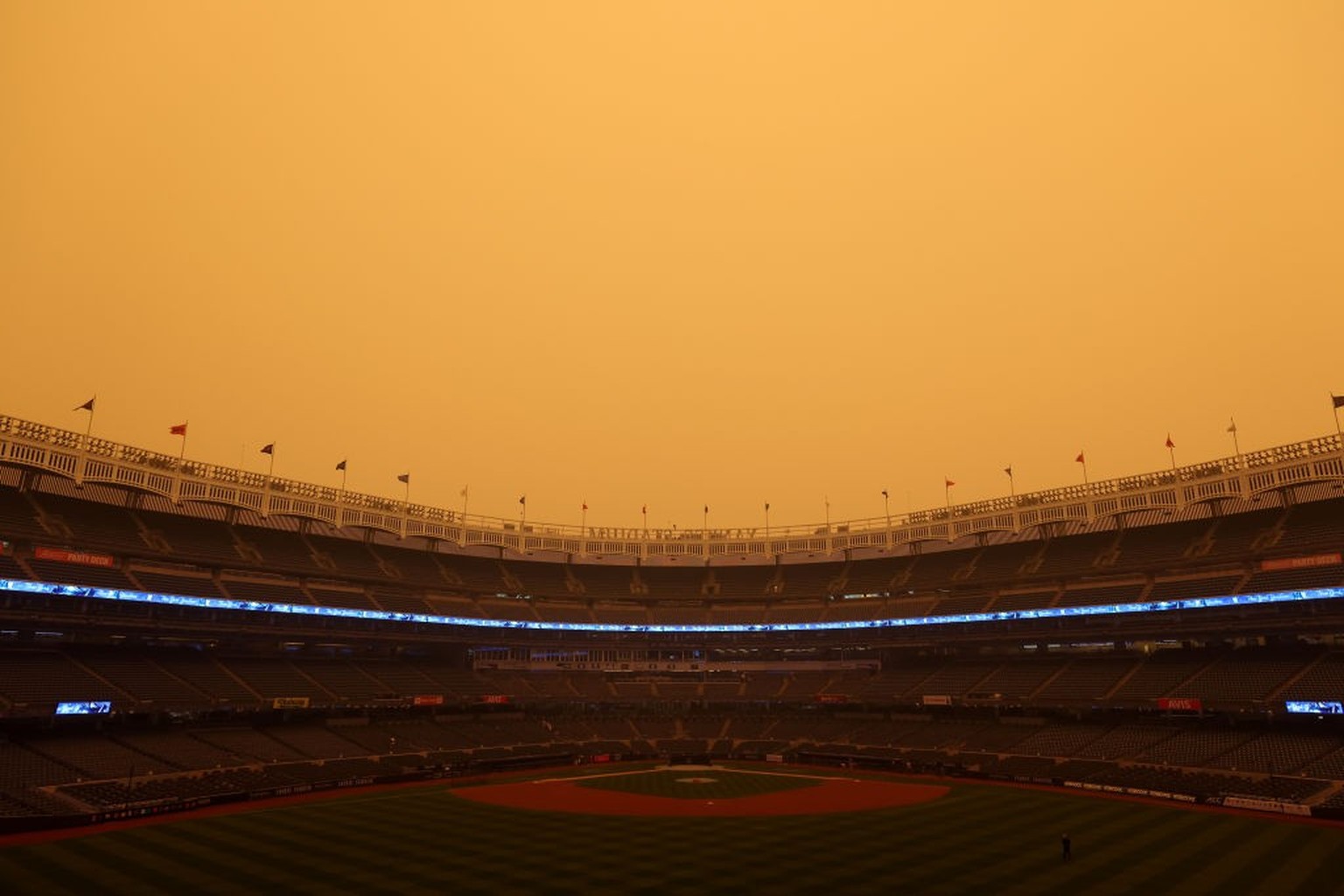 NEW YORK, NY - JUNE 7: A general view of hazy conditions resulting from Canadian wildfires at Yankee Stadium before the game between the Chicago White Sox and the New York Yankees on June 7, 2023, in ...
