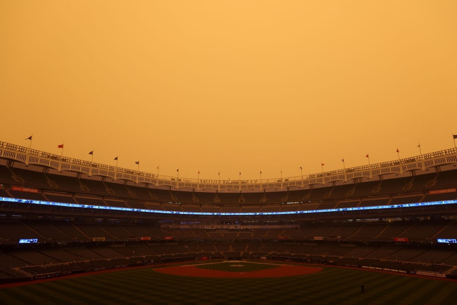 NEW YORK, NY - JUNE 7: A general view of hazy conditions resulting from Canadian wildfires at Yankee Stadium before the game between the Chicago White Sox and the New York Yankees on June 7, 2023, in  ...