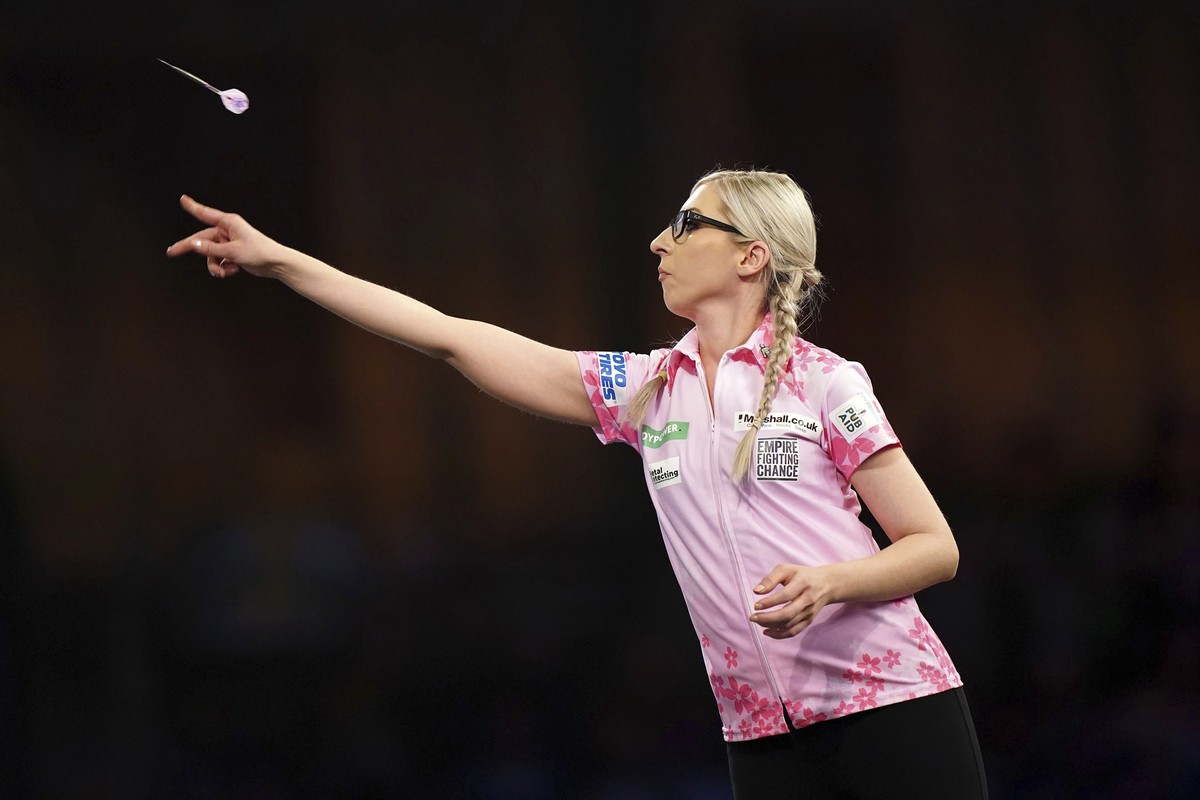 Fallon Sherrock competes against Jermaine Wattimena (not pictured) on Day 3 of the World Darts Championship at Alexandra Palace, in London, Sunday, Dec. 17, 2023. (Zac Goodwin/PA via AP)
Fallon Sherro ...